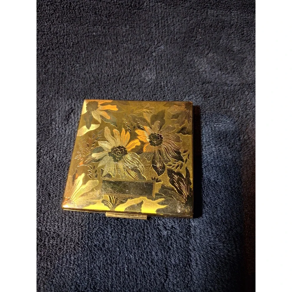 Vintage Elgin American Gold Tone Floral Etched Square Makeup Compact Mirror